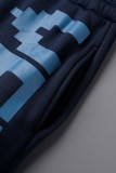 Deep Blue Casual Letter Print Basic Regular High Waist Pencil Trousers