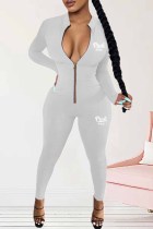 White Sexy Print Letter Zipper Collar Jumpsuits