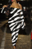 Zebra Sexy Print Patchwork Off the Shoulder Skinny Jumpsuits