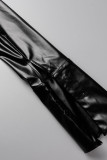 Black Sexy Street Solid Patchwork High Opening Square Collar A Line Dresses
