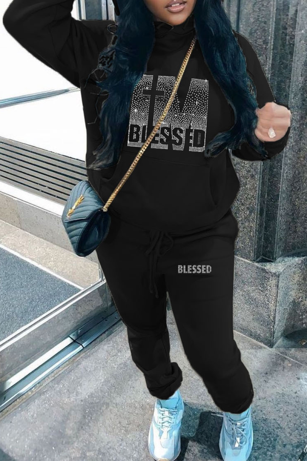 Black Casual Print Hot Drill Hooded Collar Plus Size Two Pieces
