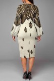 Blue Casual Print Patchwork O Neck Long Sleeve Dresses