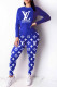 Blue Casual Print Letter O Neck Long Sleeve Two Pieces