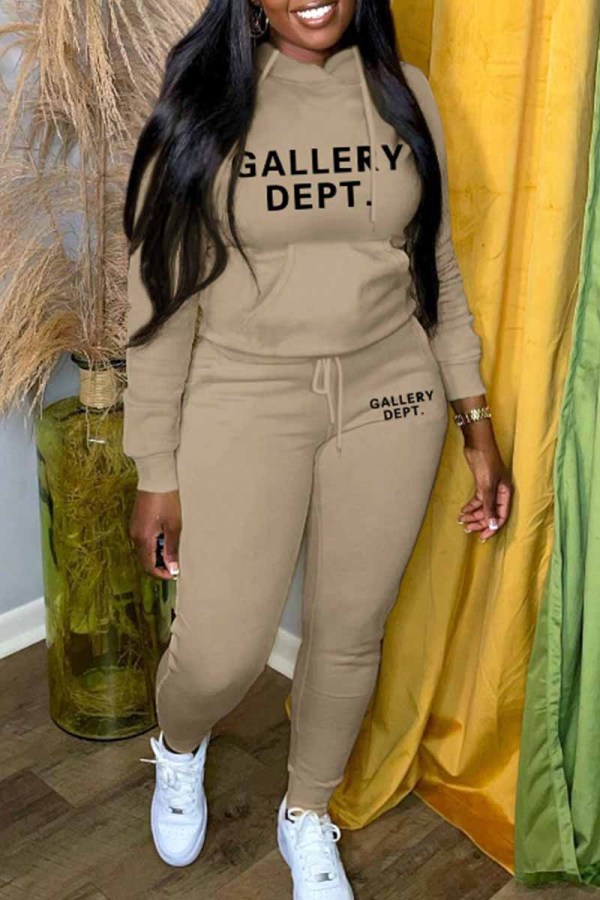 Khaki Casual Print Letter Hooded Collar Long Sleeve Two Pieces