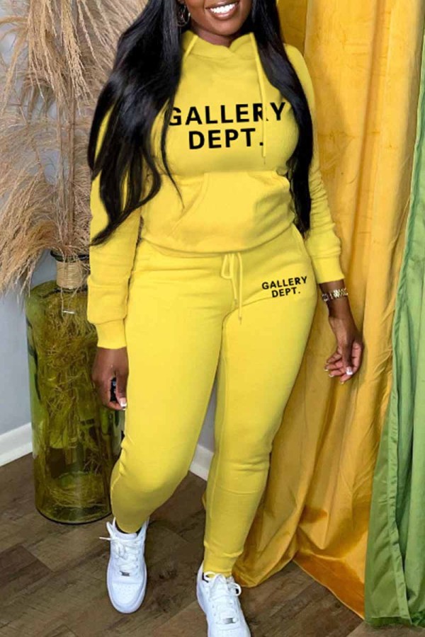 Yellow Casual Print Letter Hooded Collar Long Sleeve Two Pieces