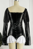 Black Sexy Street Solid Patchwork High Opening Square Collar A Line Dresses