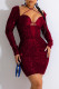 Burgundy Sexy Patchwork Bandage Sequins V Neck Long Sleeve Dresses