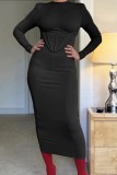 Black Casual Solid Patchwork O Neck Long Sleeve Dresses