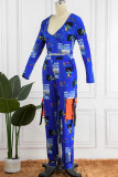 Blue Casual Print Patchwork V Neck Long Sleeve Two Pieces