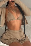 Khaki Casual Solid Patchwork Hooded Collar Long Sleeve Two Pieces (Without Underwear)
