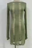 Light Green Sexy Solid Hollowed Out Patchwork Backless O Neck One Step Skirt Dresses