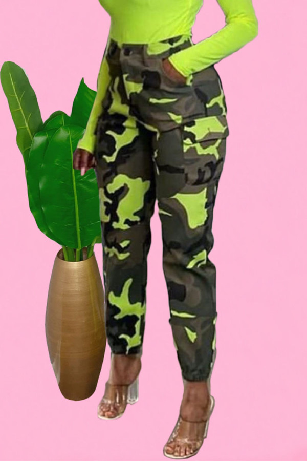 Green Casual Print Camouflage Print Regular Small Elastic Mid Waist Pencil Bottoms
