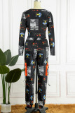 Blue Casual Print Patchwork V Neck Long Sleeve Two Pieces