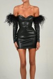 Black Sexy Solid Patchwork Backless Off the Shoulder Long Sleeve Dresses
