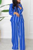 Blue Casual Striped Print Basic Turndown Collar Long Sleeve Two Pieces