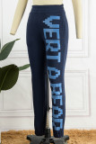 Deep Blue Casual Letter Print Basic Regular High Waist Pencil Trousers