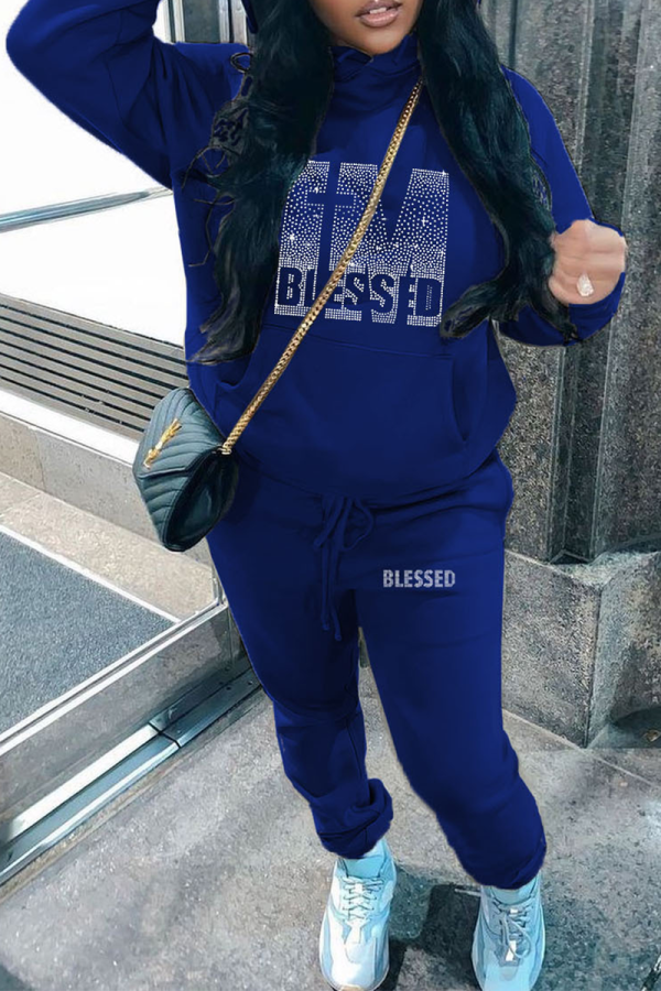 Blue Casual Print Hot Drill Hooded Collar Plus Size Two Pieces