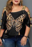 Black Casual Print Hollowed Out O Neck Plus Size Tops