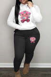 White Casual Print Patchwork Hooded Collar Long Sleeve Two Pieces