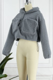 Grey Casual Solid Patchwork Pocket Hooded Collar Tops