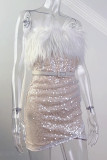 White Sexy Solid Sequins Patchwork Feathers With Belt Strapless Pencil Skirt Dresses