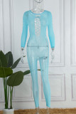 Blue Sexy Solid Ripped Hollowed Out O Neck Skinny Jumpsuits