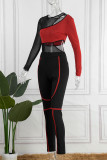 Red Sexy Casual Patchwork See-through Contrast O Neck Long Sleeve Two Pieces