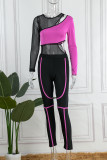 Red Sexy Casual Patchwork See-through Contrast O Neck Long Sleeve Two Pieces