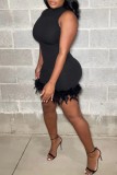Black Sexy Casual Solid Patchwork Feathers Half A Turtleneck Sleeveless Dress Dresses