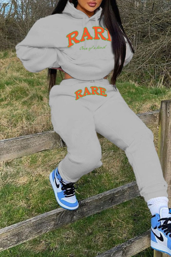 Grey Casual Print Patchwork Hooded Collar Long Sleeve Two Pieces