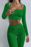 Rose Red Casual Street Solid Patchwork Square Collar Long Sleeve Two Pieces