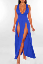 Blue Sexy Solid Patchwork Slit V Neck Long Dress Dresses