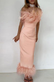 White Sexy Solid Patchwork Feathers Strapless One Step Skirt Dresses
