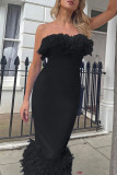Black Sexy Solid Patchwork Feathers Strapless One Step Skirt Dresses