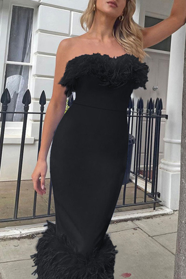 Black Sexy Solid Patchwork Feathers Strapless One Step Skirt Dresses