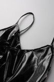 Grey Sexy Solid Patchwork Asymmetrical Spaghetti Strap Sling Dress Dresses