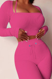 Rose Red Casual Street Solid Patchwork Square Collar Long Sleeve Two Pieces