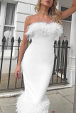 White Sexy Solid Patchwork Feathers Strapless One Step Skirt Dresses