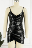 Grey Sexy Solid Patchwork Asymmetrical Spaghetti Strap Sling Dress Dresses