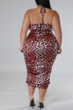 Red Sexy Print Leopard Patchwork Fold Halter One Step Skirt Plus Size Dresses