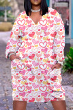 Deep Pink Casual Print Basic V Neck Long Sleeve Dresses