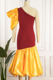 Red Elegant Solid Patchwork Fold Oblique Collar Trumpet Mermaid Dresses