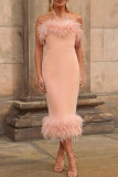 White Sexy Solid Patchwork Feathers Strapless One Step Skirt Dresses