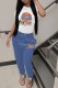 Blue White Street Character Print Letter O Neck Short Sleeve Two Pieces