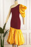 Red Elegant Solid Patchwork Fold Oblique Collar Trumpet Mermaid Dresses