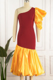 Red Elegant Solid Patchwork Fold Oblique Collar Trumpet Mermaid Dresses