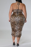 Green Sexy Print Leopard Patchwork Fold Halter One Step Skirt Plus Size Dresses