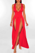 Red Sexy Solid Patchwork Slit V Neck Long Dress Dresses