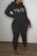 Black Casual Print Letter Hooded Collar Long Sleeve Two Pieces