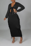 Red Sexy Solid Tassel V Neck Long Sleeve Two Pieces